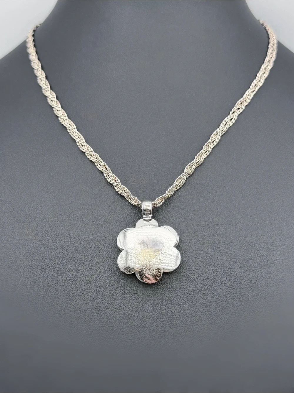 Vintage 925 Sterling Silver Flower Charm Pendant & Multi-Strand Braided Chain